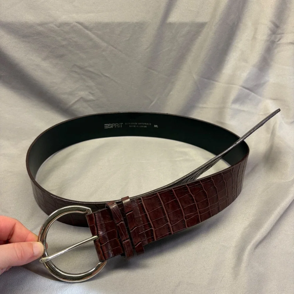 Esprit Womens Dark Brown Croc Embossed Faux Leather Belt Silver Buckle Size ML